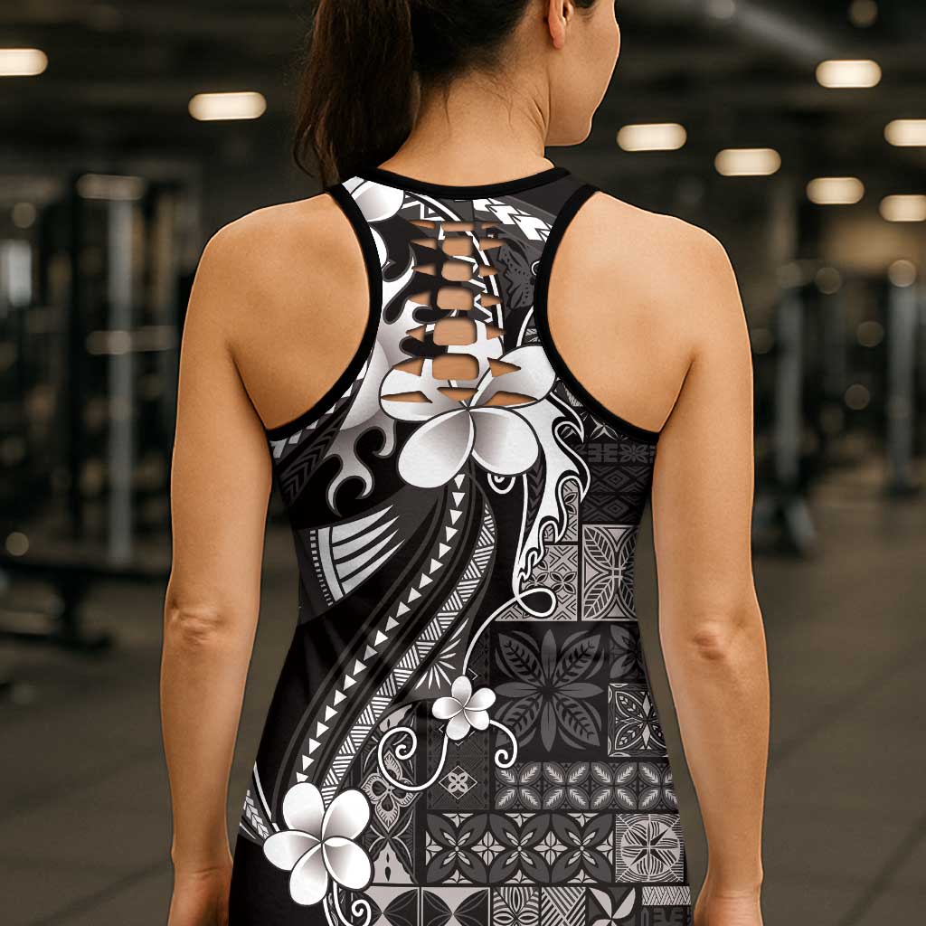 Samoa Siapo Tribal Pattern Hollow Tank Top Black Polynesian Plumeria Tapa Motif