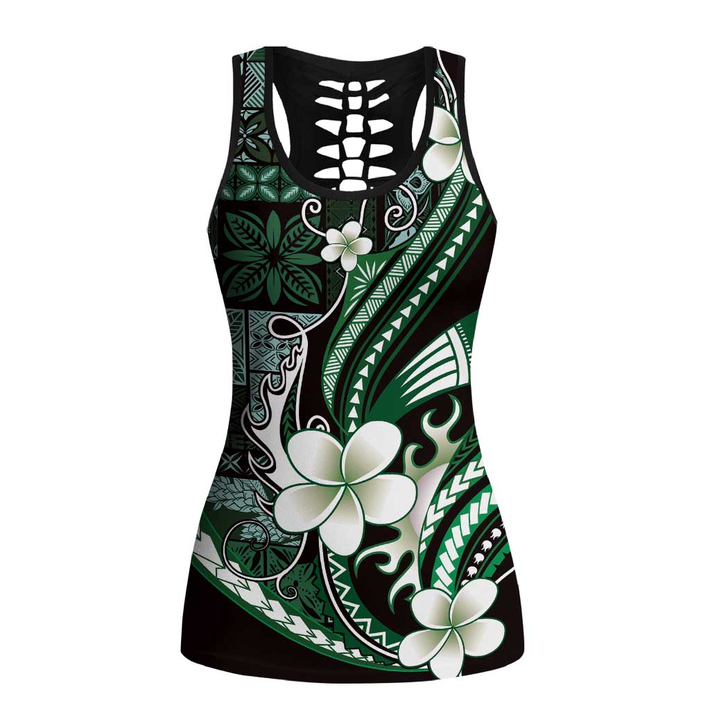 Samoa Siapo Tribal Pattern Hollow Tank Top Forest Green Polynesian Plumeria Tapa Motif