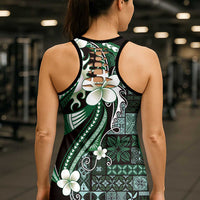 Samoa Siapo Tribal Pattern Hollow Tank Top Forest Green Polynesian Plumeria Tapa Motif