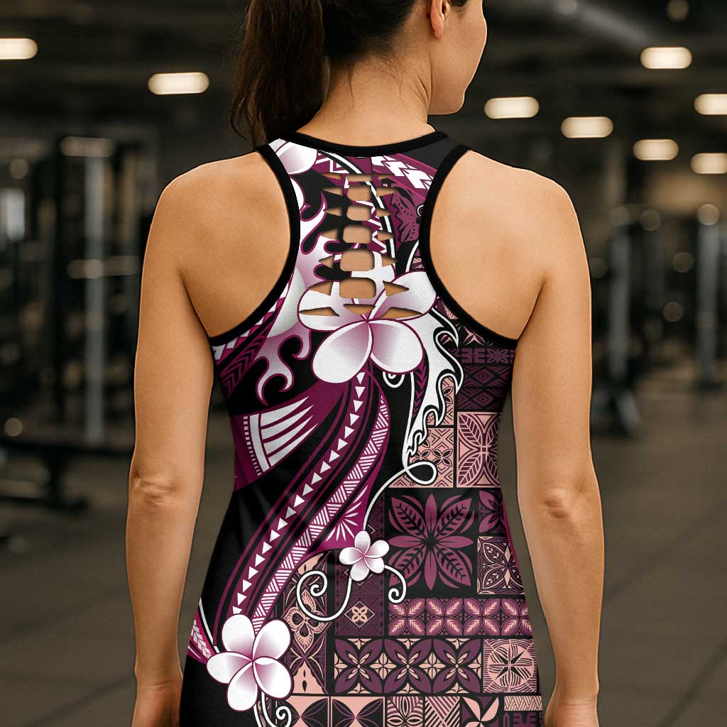 Samoa Siapo Tribal Pattern Hollow Tank Top Violet Polynesian Plumeria Tapa Motif