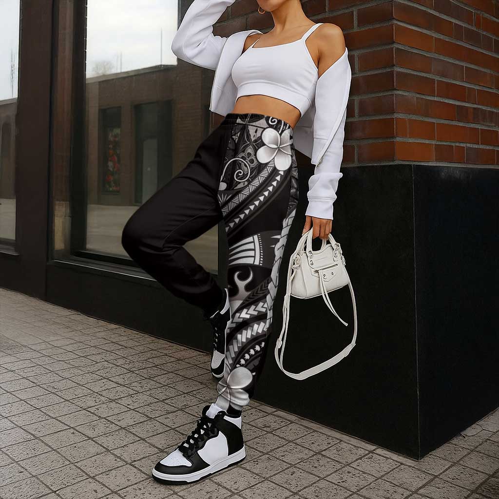 Samoa Siapo Tribal Pattern Jogger Pants Black Polynesian Plumeria Tapa Motif