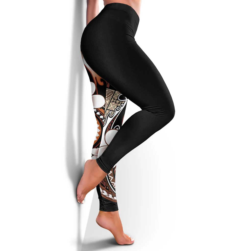 Samoa Siapo Tribal Pattern Leggings Brown Polynesian Plumeria Tapa Motif