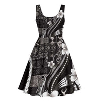 Samoa Siapo Tribal Pattern Midi Dress Black Polynesian Plumeria Tapa Motif