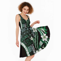 Samoa Siapo Tribal Pattern Midi Dress Forest Green Polynesian Plumeria Tapa Motif