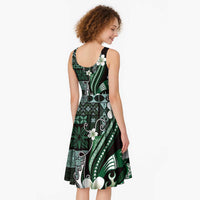 Samoa Siapo Tribal Pattern Midi Dress Forest Green Polynesian Plumeria Tapa Motif