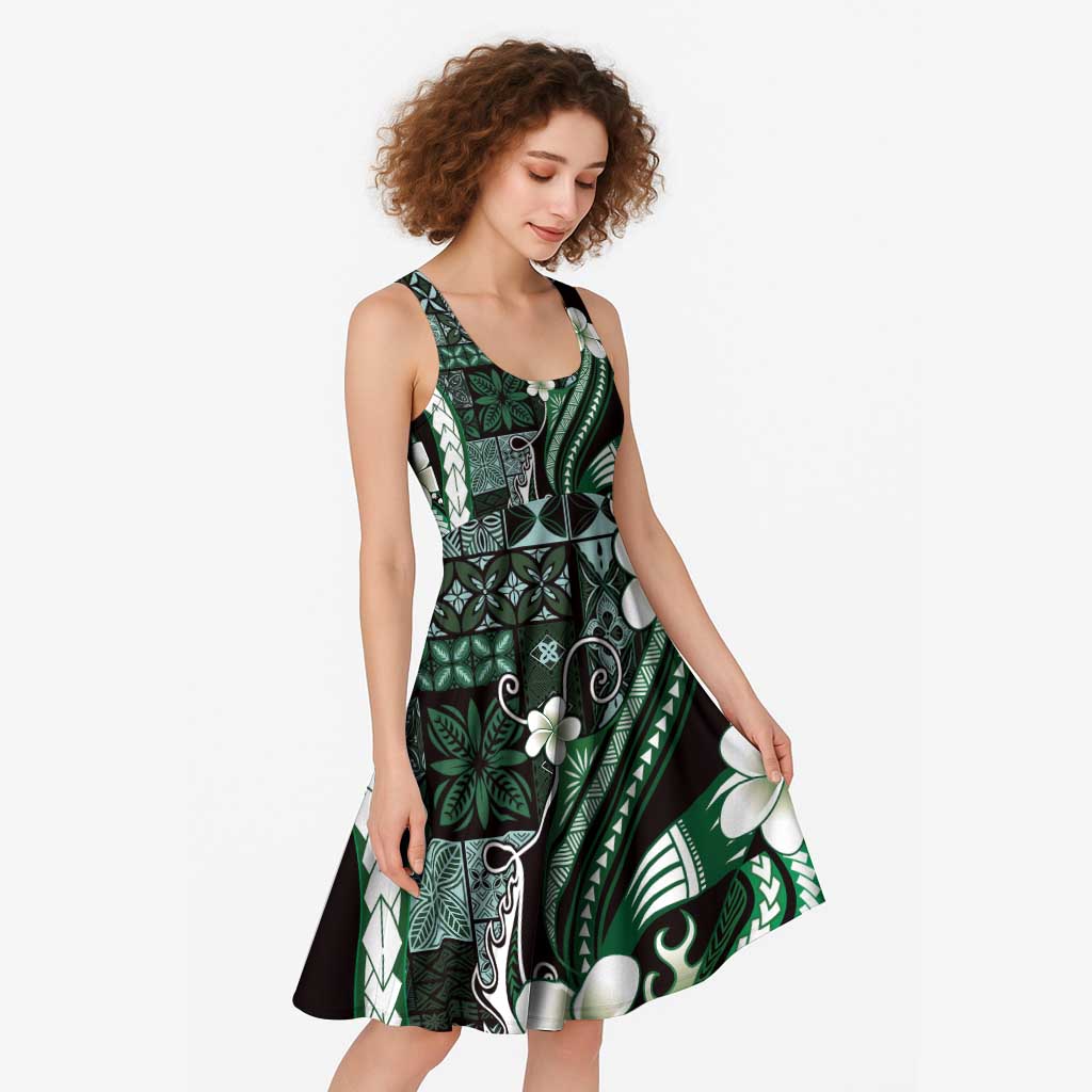 Samoa Siapo Tribal Pattern Midi Dress Forest Green Polynesian Plumeria Tapa Motif