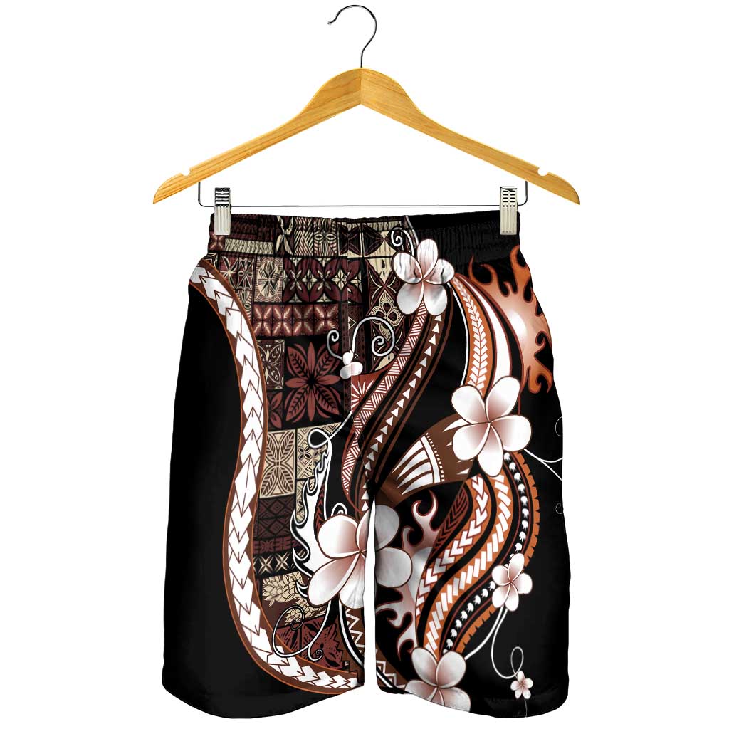 Samoa Siapo Tribal Pattern Shorts for Men Brown Polynesian Plumeria Tapa Motif