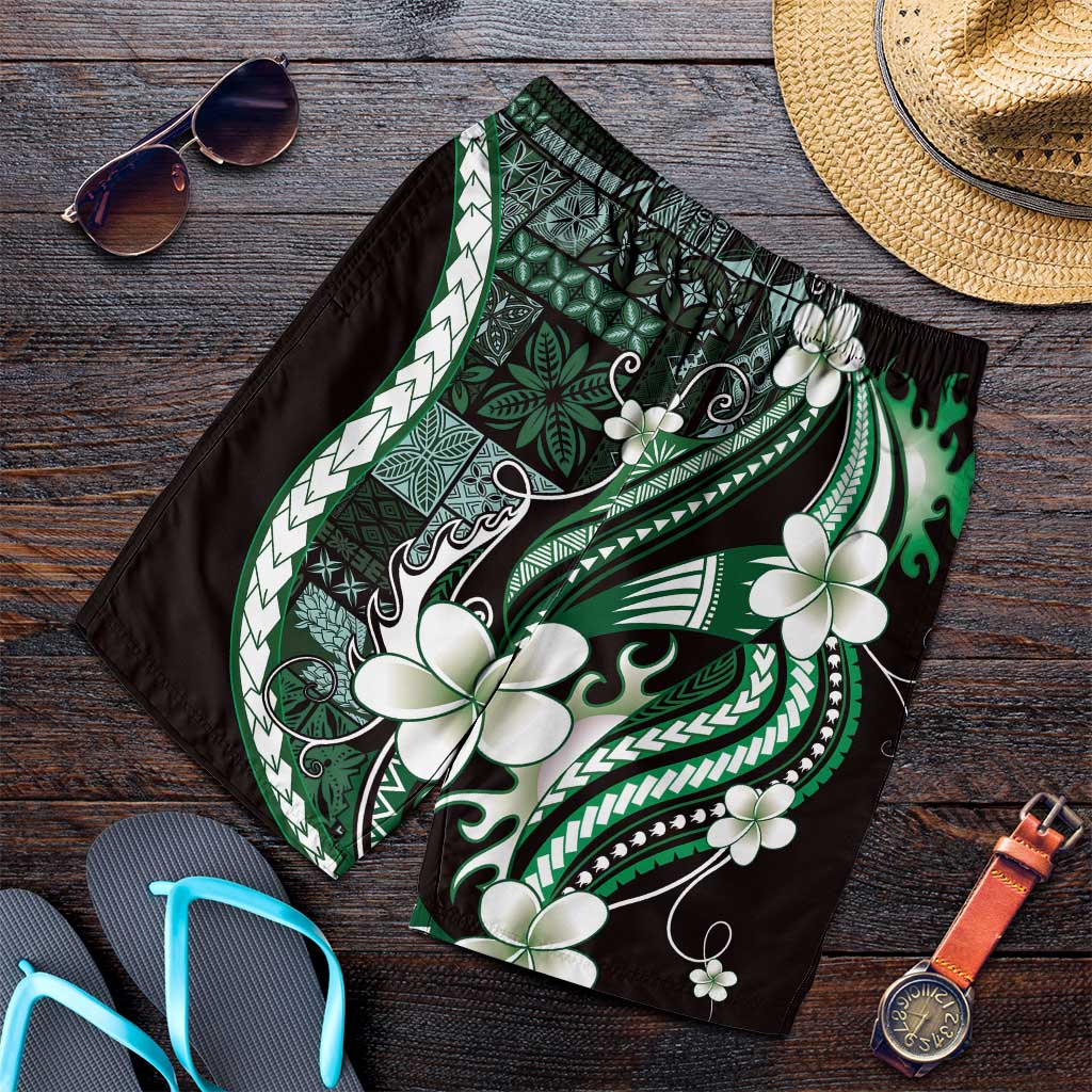 Samoa Siapo Tribal Pattern Shorts for Men Forest Green Polynesian Plumeria Tapa Motif