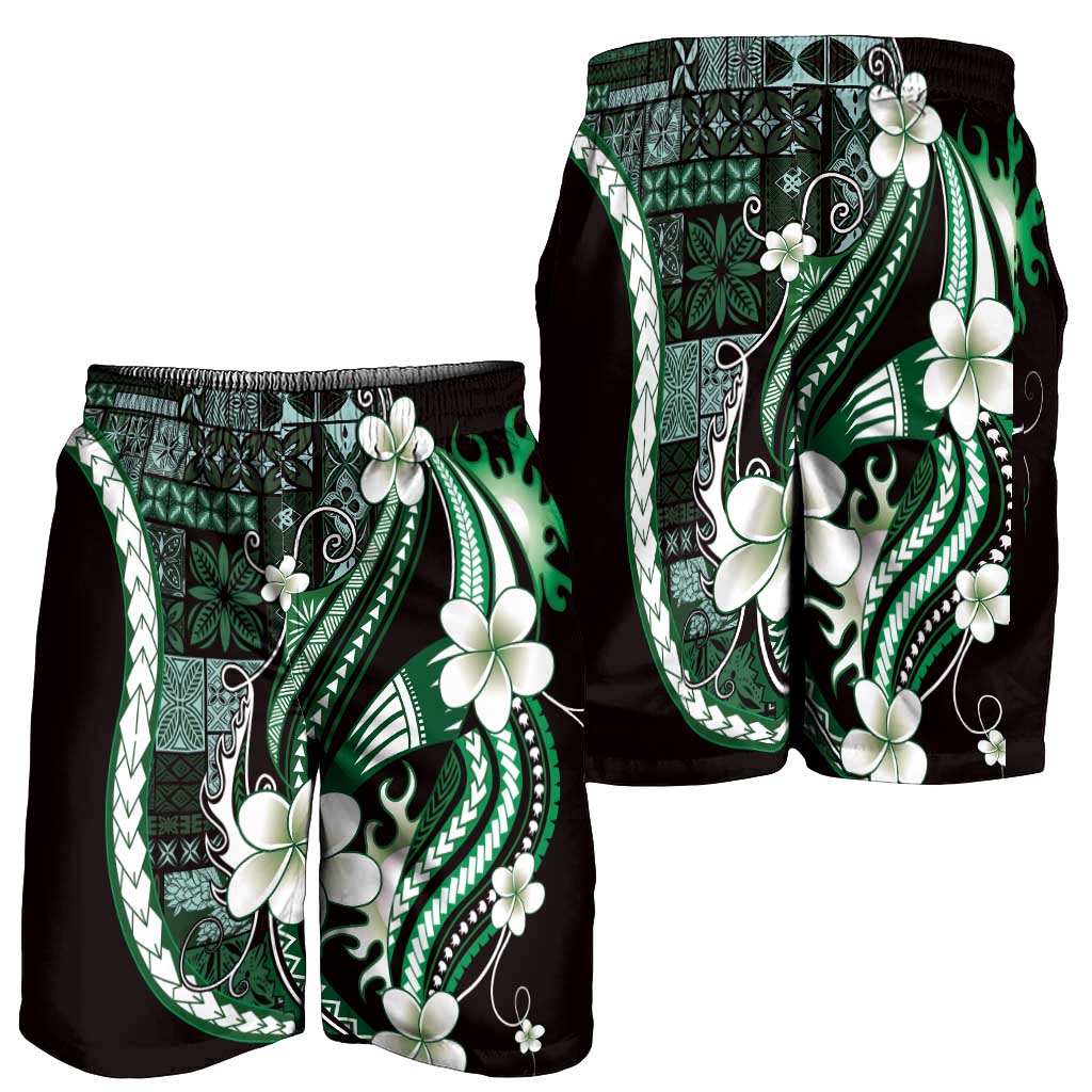 Samoa Siapo Tribal Pattern Shorts for Men Forest Green Polynesian Plumeria Tapa Motif