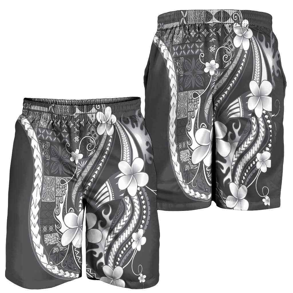 Samoa Siapo Tribal Pattern Shorts for Men Light Gray Polynesian Plumeria Tapa Motif