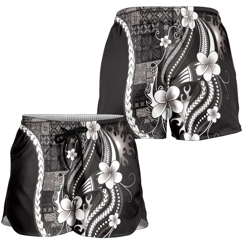 Samoa Siapo Tribal Pattern Shorts for Women Black Polynesian Plumeria Tapa Motif