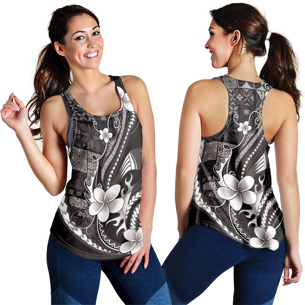Samoa Siapo Tribal Pattern Women Racerback Tank Black Polynesian Plumeria Tapa Motif