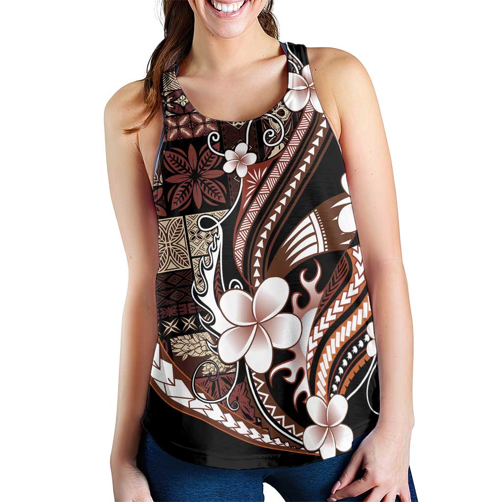 Samoa Siapo Tribal Pattern Women Racerback Tank Brown Polynesian Plumeria Tapa Motif