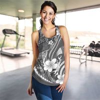 Samoa Siapo Tribal Pattern Women Racerback Tank Light Gray Polynesian Plumeria Tapa Motif