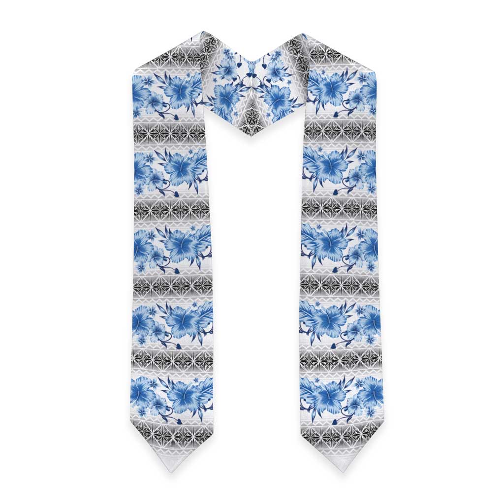 Samoa White Sunday Graduation Stole Samoan Tapa Blue Hibiscus