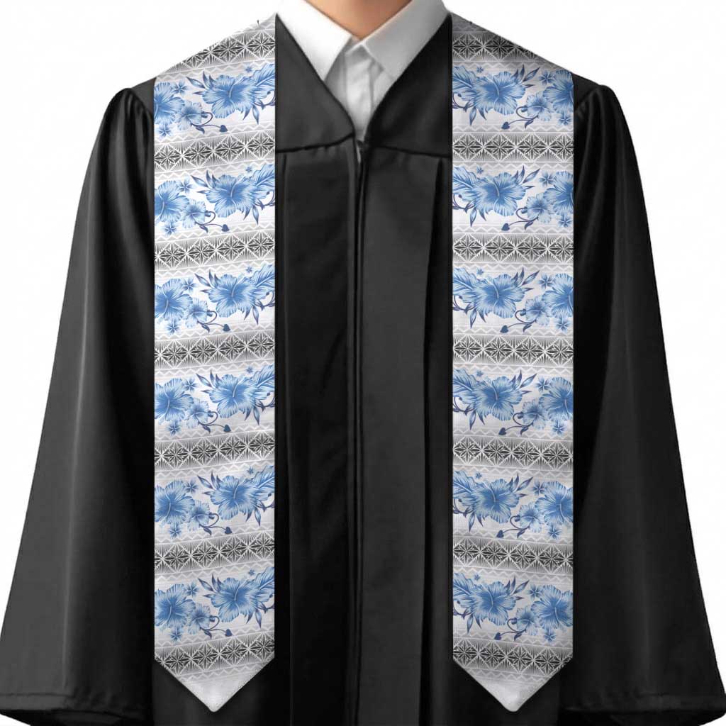 Samoa White Sunday Graduation Stole Samoan Tapa Blue Hibiscus