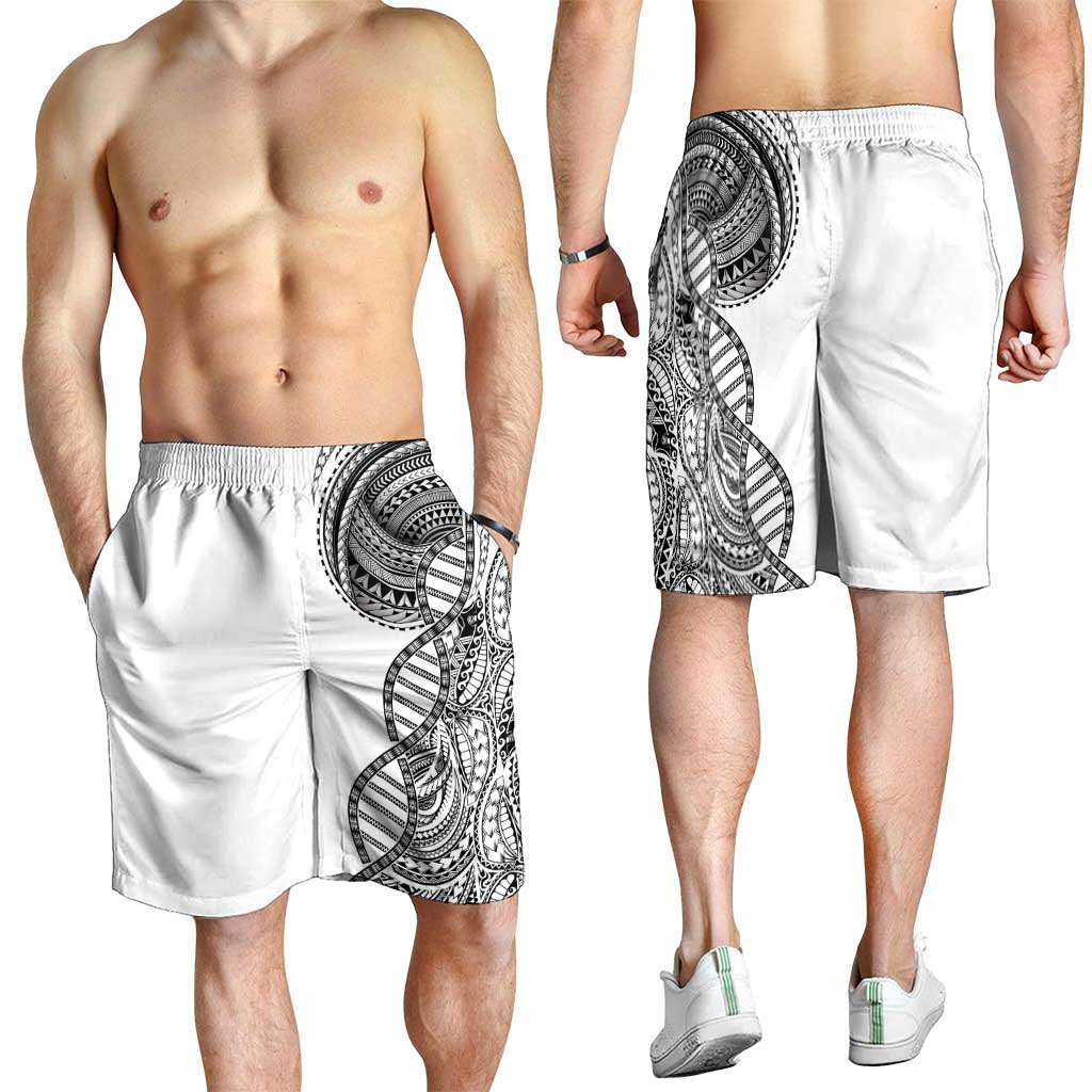 Samoan DNA Art Tattoo Shorts for Men Polynesian Pattern White Color