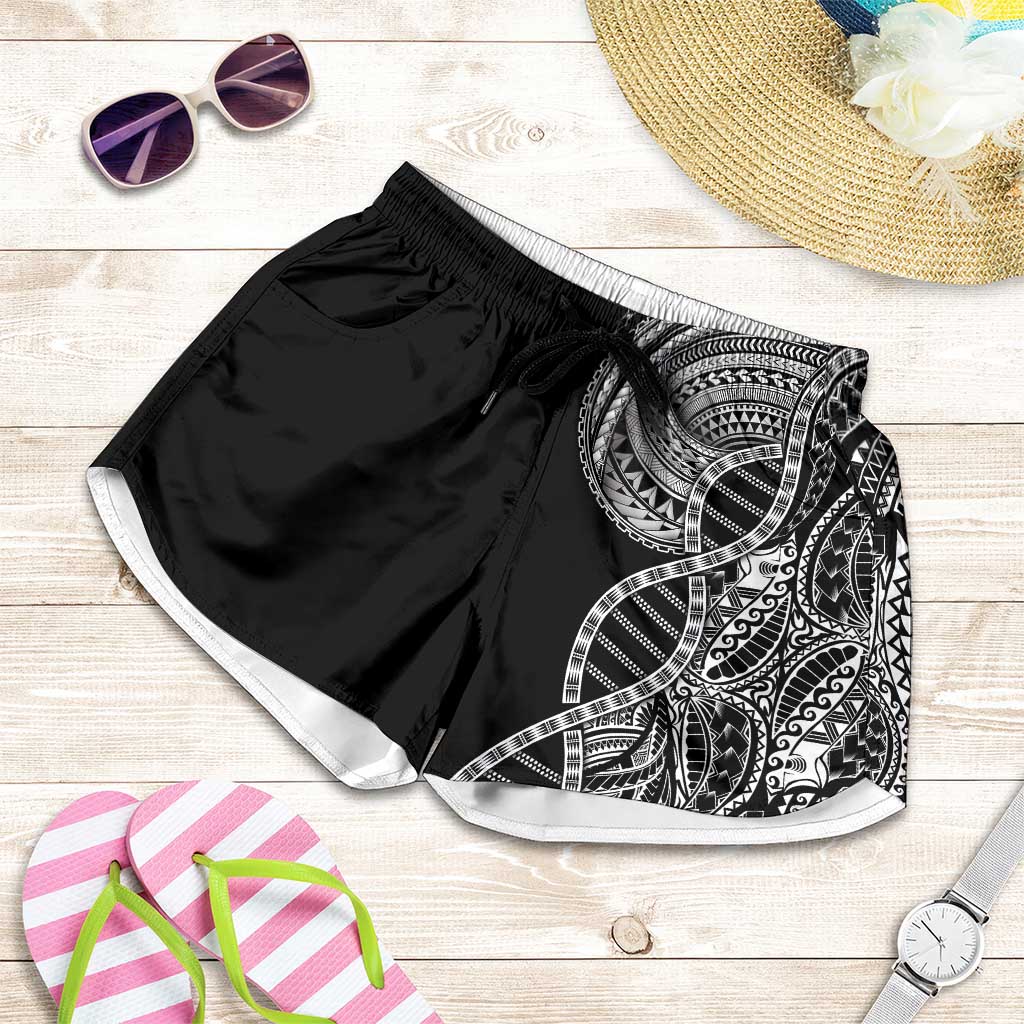 Samoan DNA Art Tattoo Shorts for Women Polynesian Pattern Black Color