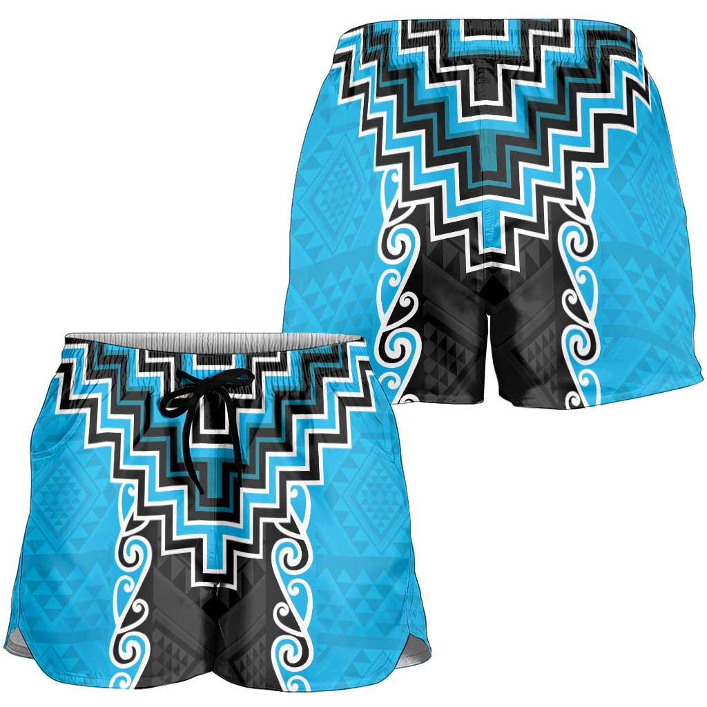 Sky Blue Niho Taniwha Mix Poutama Shorts for Women Unique Taniko Aotearoa - Polynesian Pride