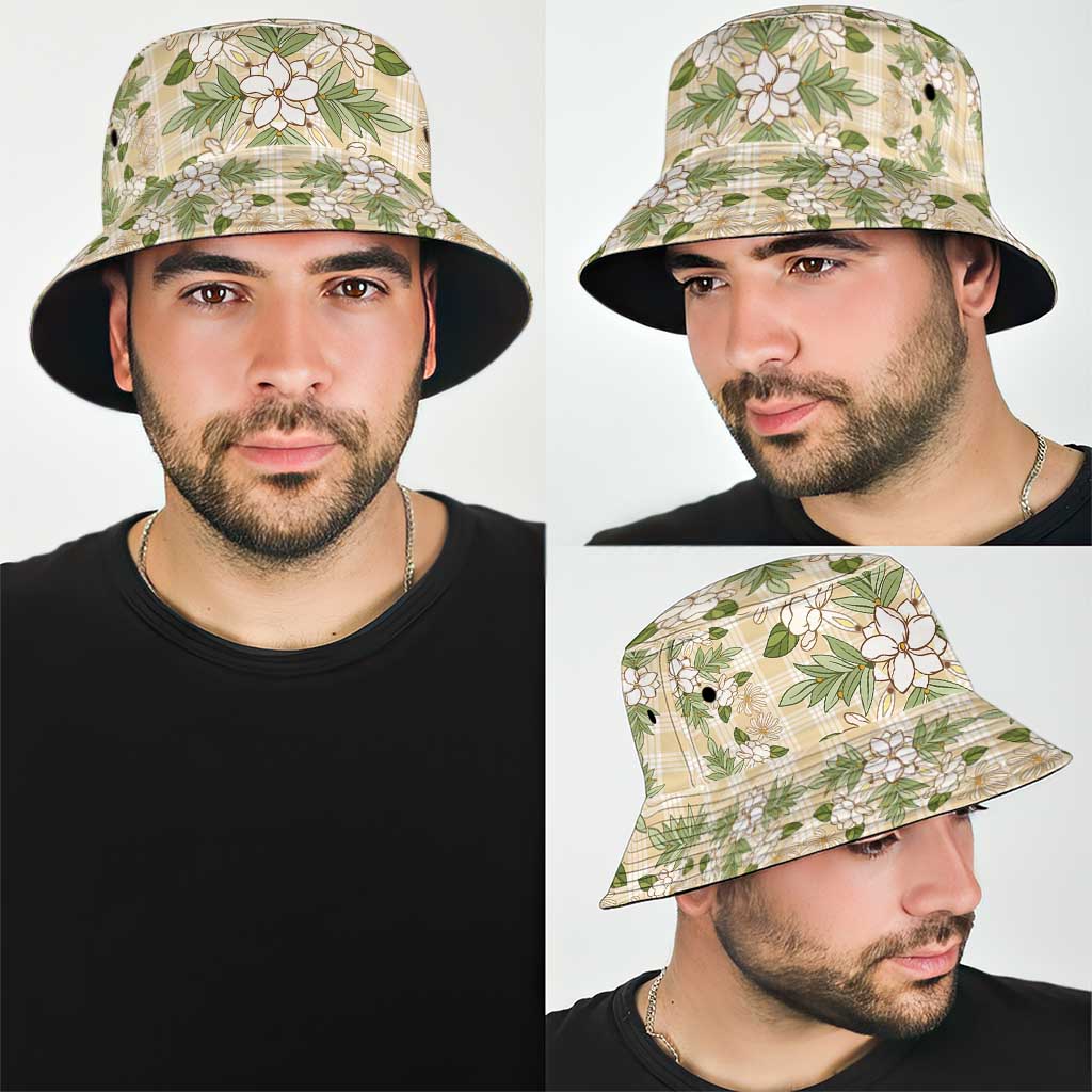 Squares Maile Leaf Bucket Hat Beige Palaka Hawaiian Quilt Pattern - Polynesian Pride