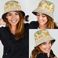 Squares Puakenikeni and Kalo Bucket Hat Beige Palaka Hawaiian Quilt Pattern - Polynesian Pride