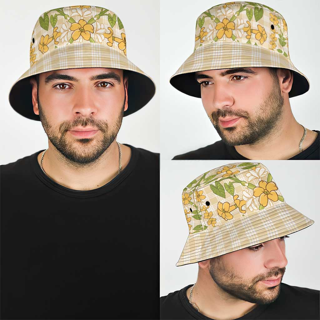 Squares Puakenikeni and Kalo Bucket Hat Beige Palaka Hawaiian Quilt Pattern - Polynesian Pride