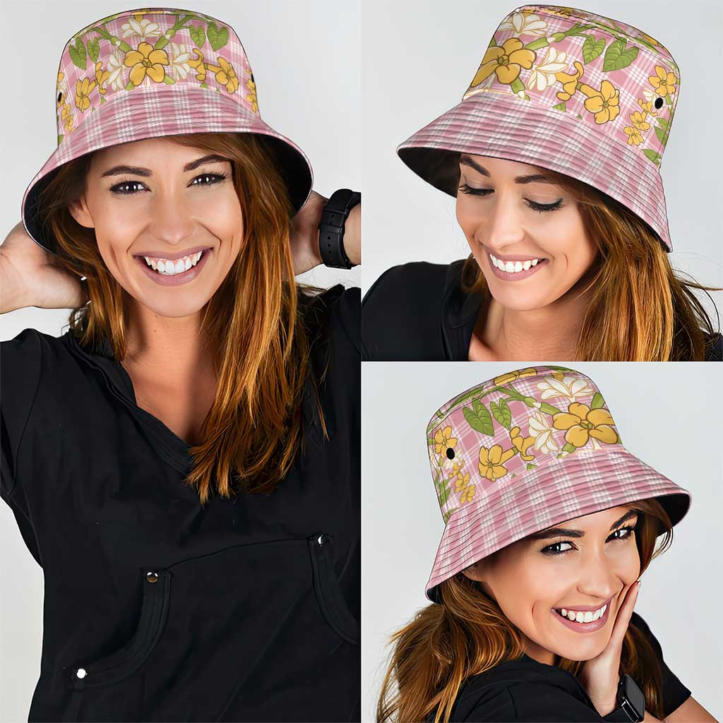 Squares Puakenikeni and Kalo Bucket Hat Pink Palaka Hawaiian Quilt Pattern - Polynesian Pride