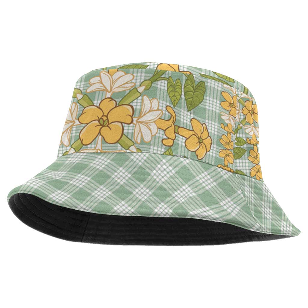 Squares Puakenikeni and Kalo Bucket Hat Turquoise Palaka Hawaiian Quilt Pattern LT9 One Size Turquoise - Polynesian Pride