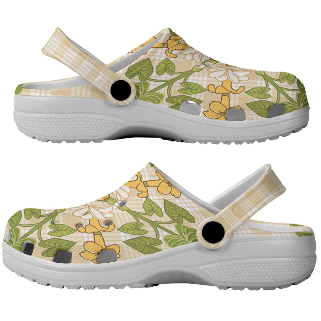 Squares Puakenikeni and Kalo Clogs Shoes Beige Palaka Hawaiian Quilt Pattern - Polynesian Pride