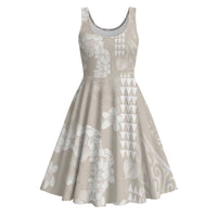 Suede Beige Hawaii Anthurium Plumeria Lei Midi Dress