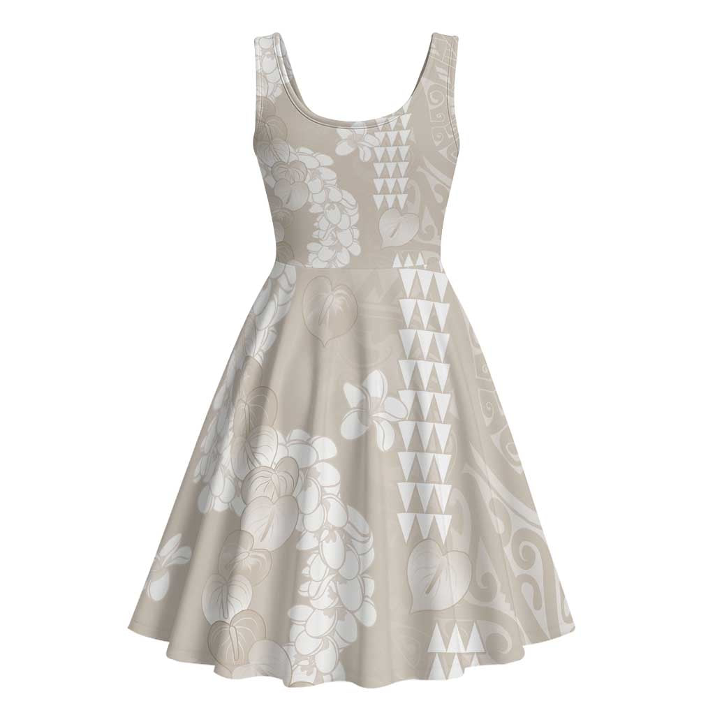 Suede Beige Hawaii Anthurium Plumeria Lei Midi Dress