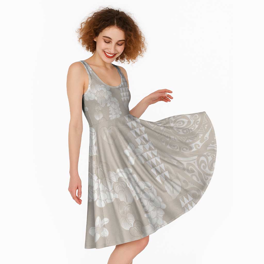 Suede Beige Hawaii Anthurium Plumeria Lei Midi Dress