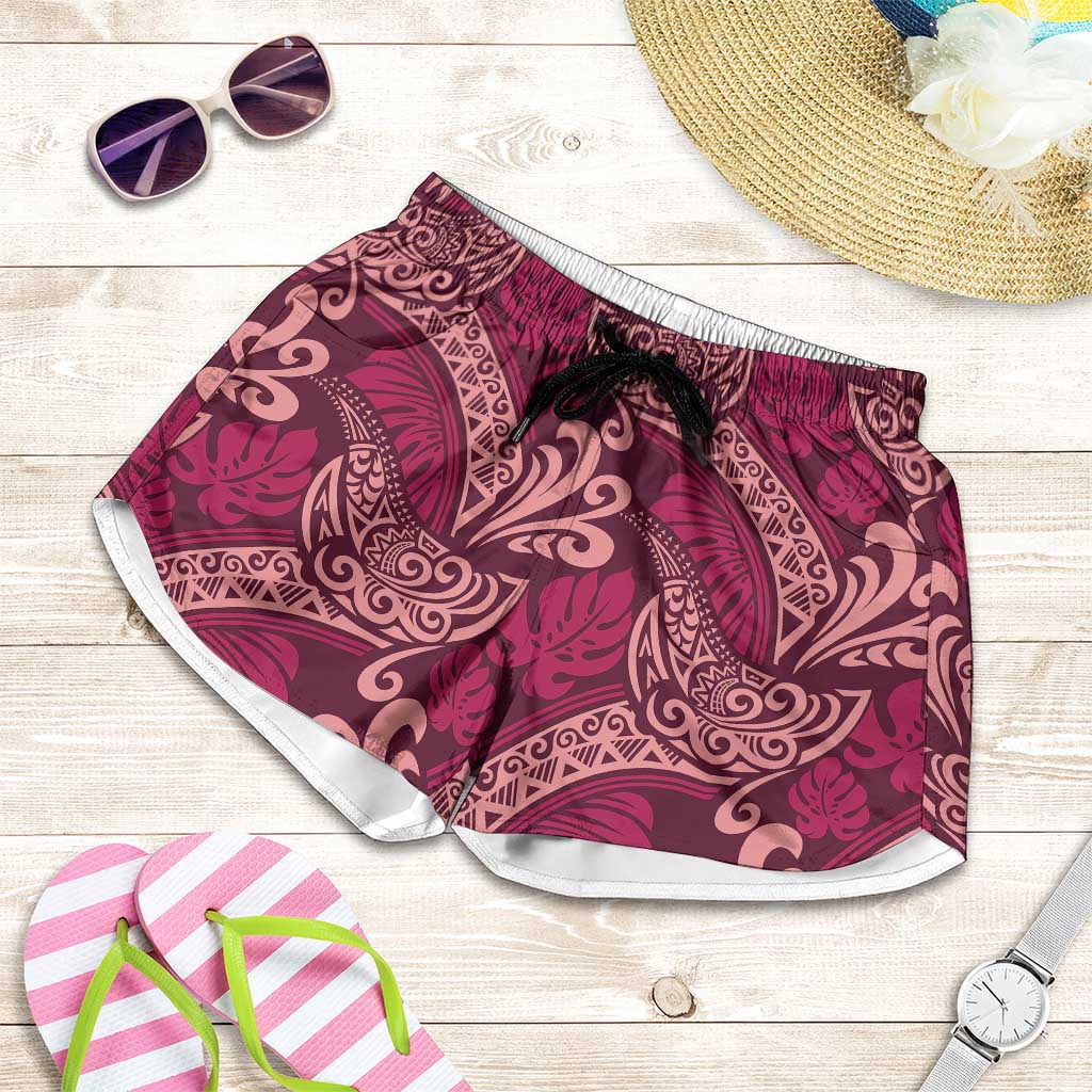 Sweet Pink Monstera Shorts for Women Polynesian Tribal Pattern LT01 Pink - Polynesian Pride