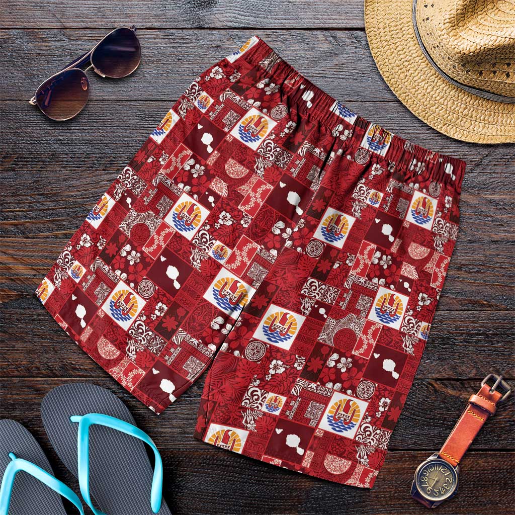 Tahiti Oaoa I Teie Noera Shorts for Men Pacific Patchwork Xmas Vibes LT9 Red - Polynesian Pride
