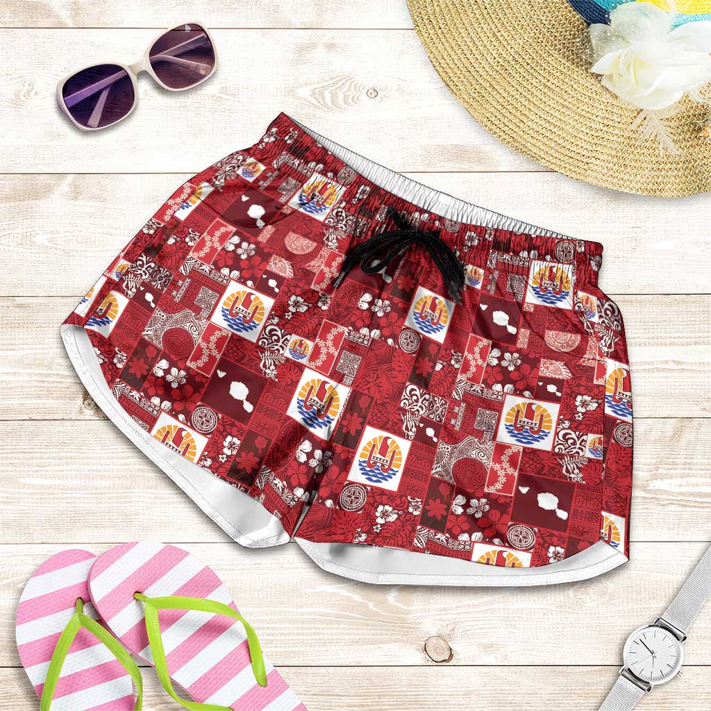 Tahiti Oaoa I Teie Noera Shorts for Women Pacific Patchwork Xmas Vibes LT9 Red - Polynesian Pride
