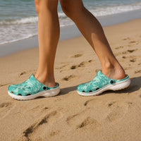Tahiti Teal Tiare Floral Clogs Shoes Monstera Palm Tropical Leaves - Polynesian Pride