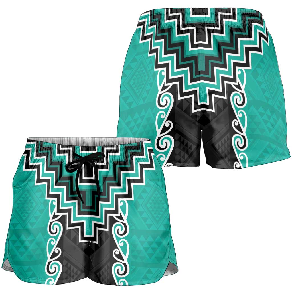 Teal Niho Taniwha Mix Poutama Shorts for Women Unique Taniko Aotearoa - Polynesian Pride