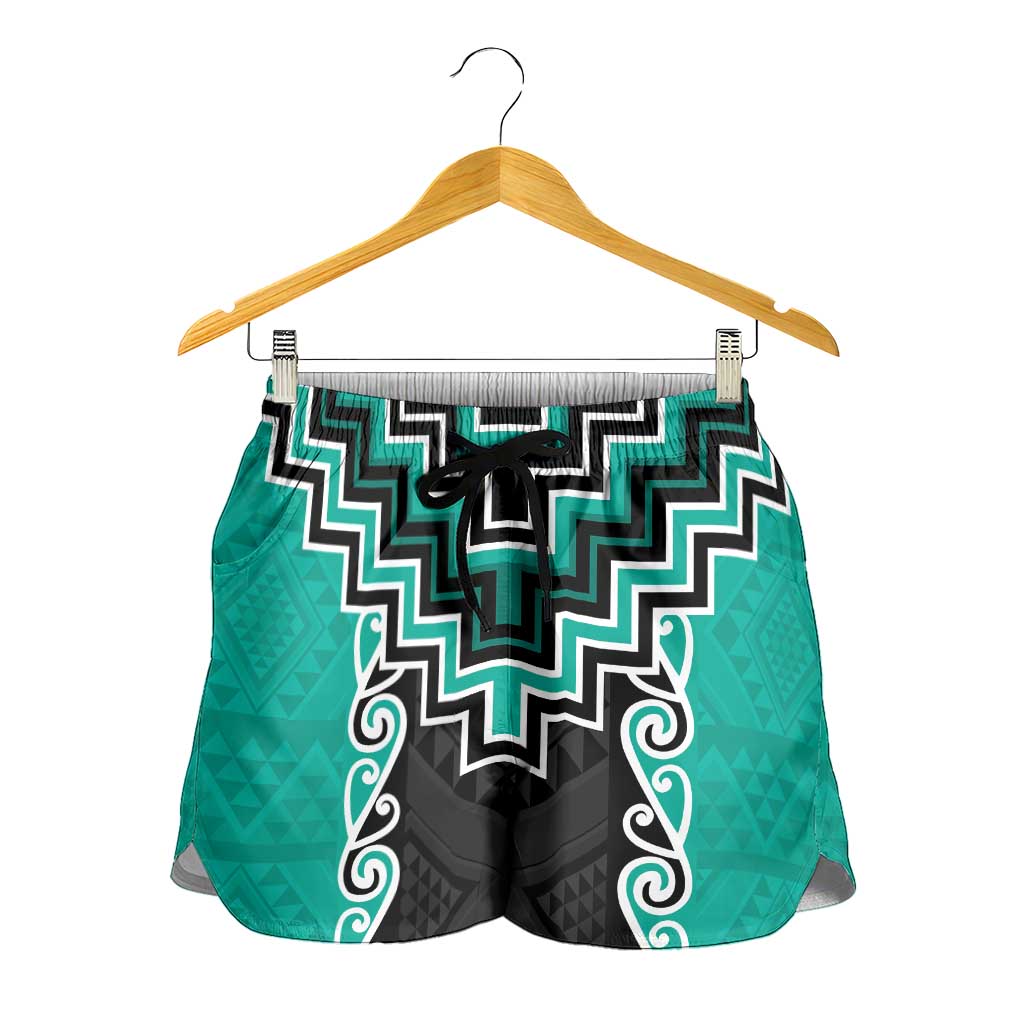 Teal Niho Taniwha Mix Poutama Shorts for Women Unique Taniko Aotearoa - Polynesian Pride