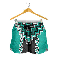 Teal Niho Taniwha Mix Poutama Shorts for Women Unique Taniko Aotearoa - Polynesian Pride