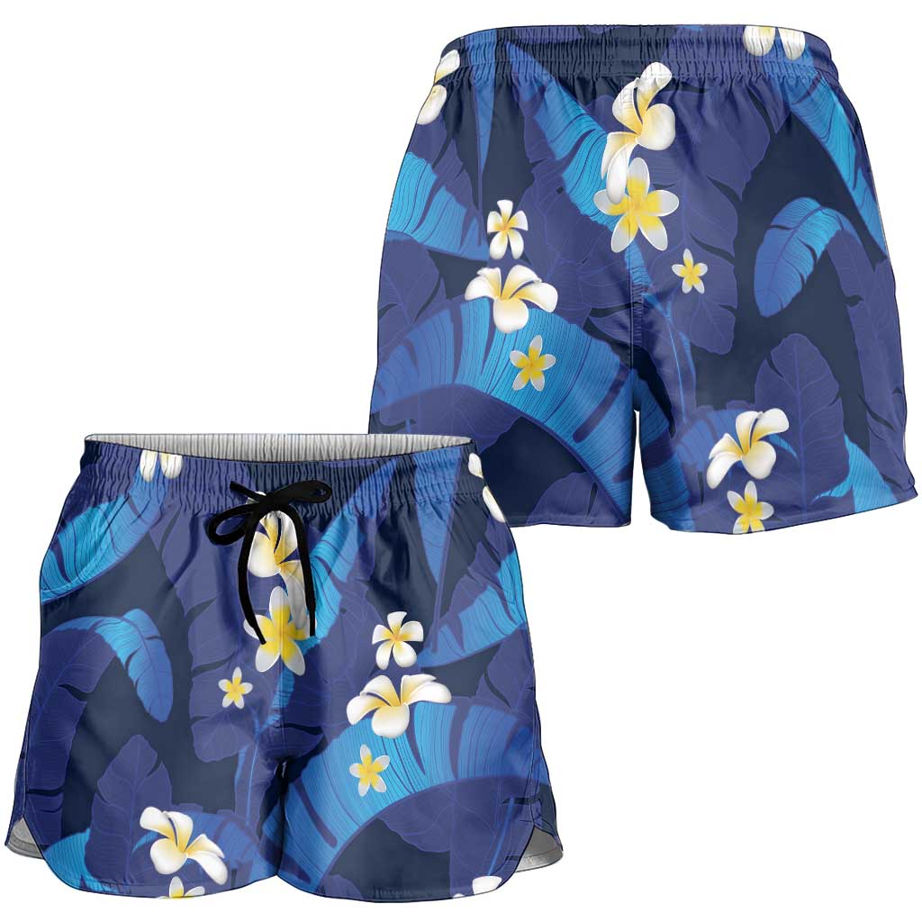 Teal Purple Banana Leaf Hawaii Shorts for Women Lau Maia Plumeria Tropical Summer Vibes LT14 - Polynesian Pride