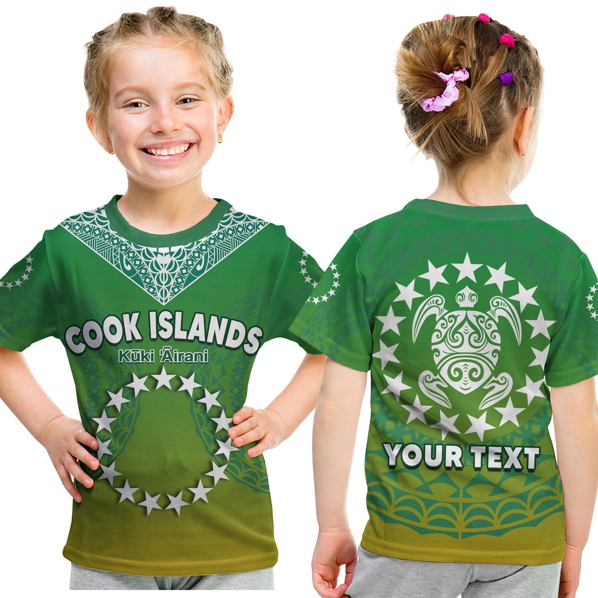(Custom Personalised) Cook Islands T Shirt KID Circle Pattern Mix Sea Turtle Green Version LT14 Youth XL Size14 - Polynesian Pride