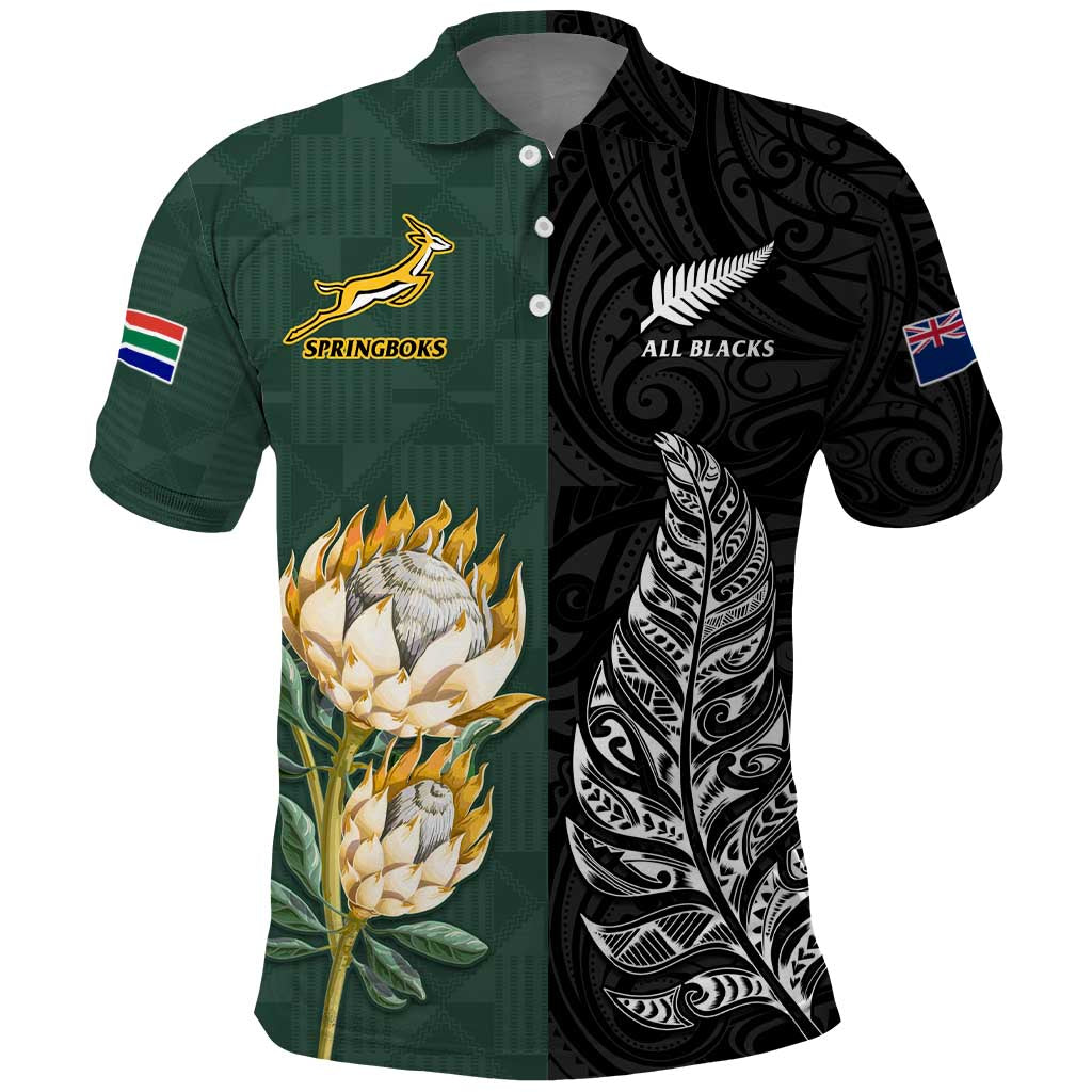 (Custom Text and Number) South Africa Protea and New Zealand Fern Polo Shirt Rugby Go Springboks vs All Black LT13 Art - Polynesian Pride