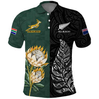 (Custom Text and Number) South Africa Protea and New Zealand Fern Polo Shirt Rugby Go Springboks vs All Black LT13 Art - Polynesian Pride