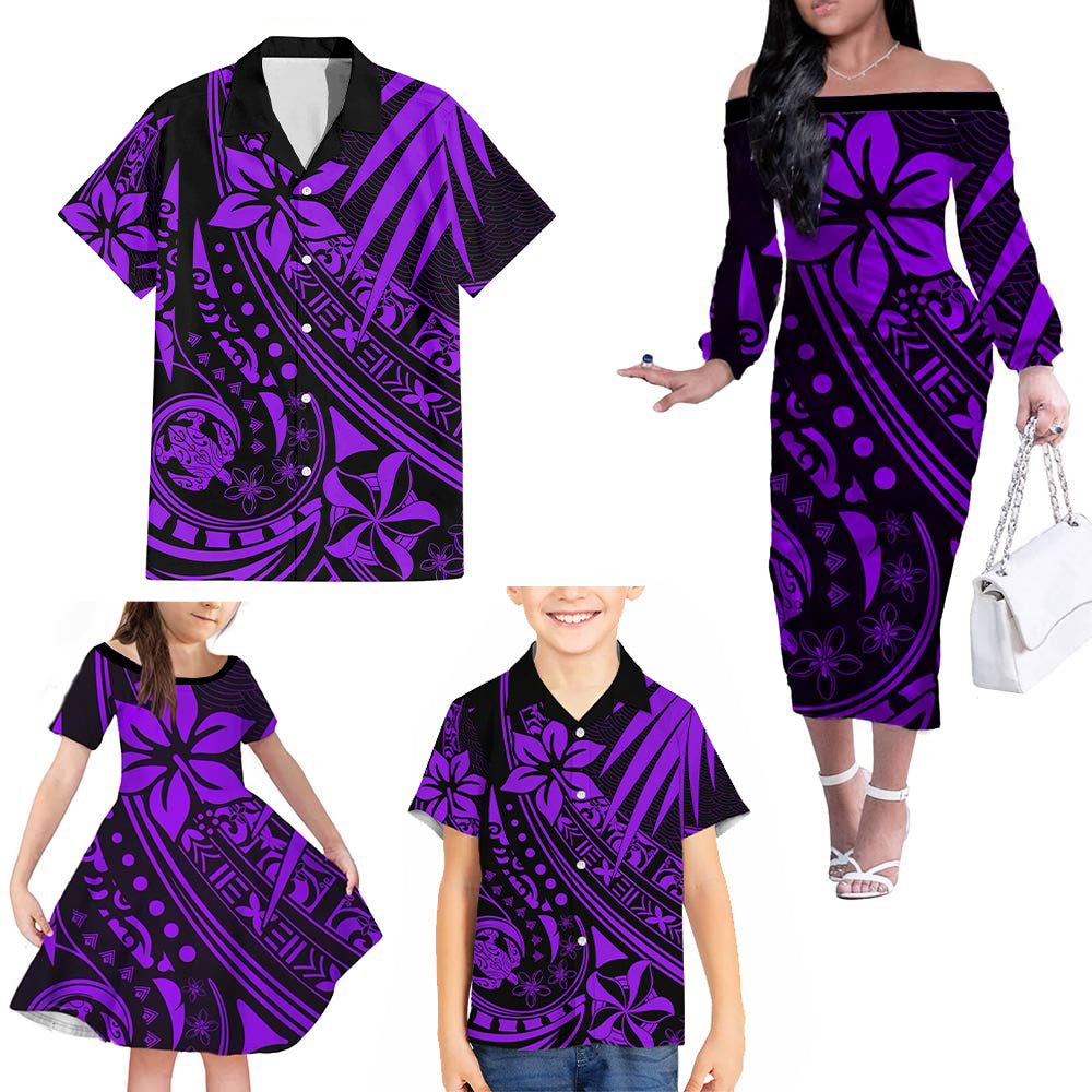 Polynesian Family Matching Outfits Hawaii Turtle Pineapple Red Off Shoulder Long Sleeve Dress And Shirt Family Set Clothes - Polynesian Pride
