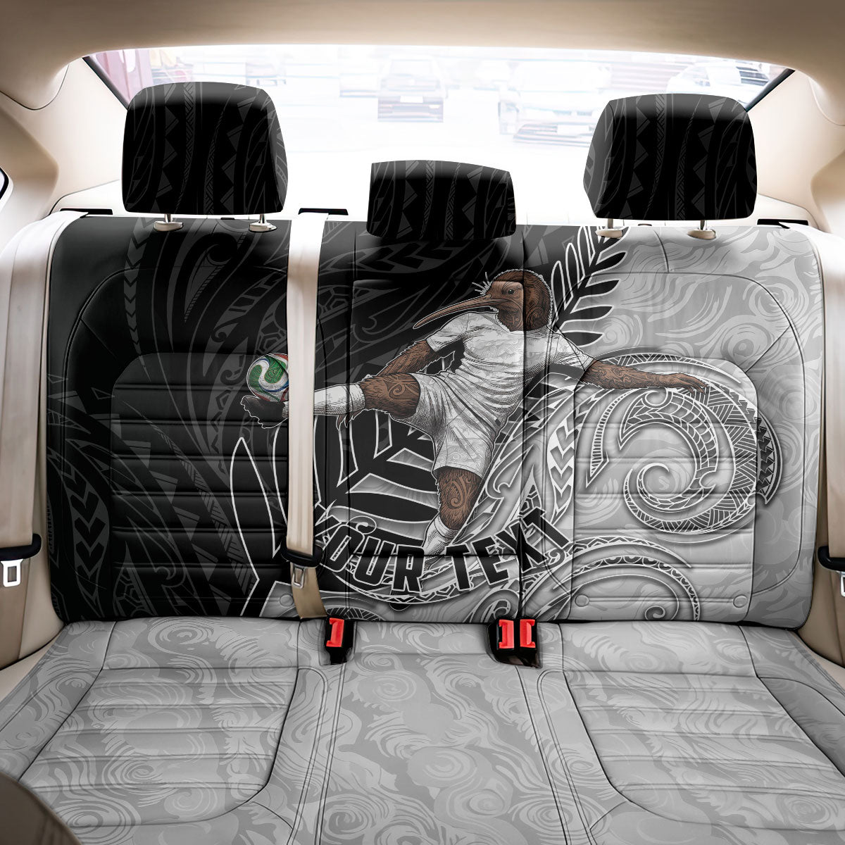 Personalized New Zealand Football Back Car Seat Cover Kiwi Mascot with Silver Fern - Maori Tribal Tattoo Art TS04 - Polynesian Pride