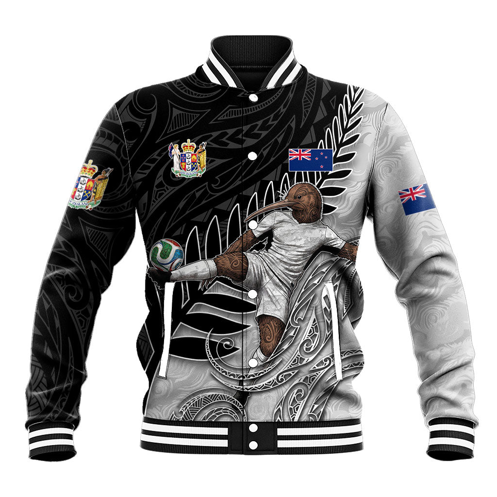 Personalized New Zealand Football Baseball Jacket Kiwi Mascot with Silver Fern - Maori Tribal Tattoo Art TS04 Unisex Black White - Polynesian Pride