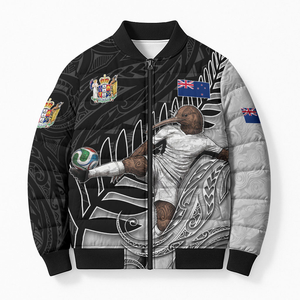 Personalized New Zealand Football Bomber Puffer Jacket Kiwi Mascot with Silver Fern - Maori Tribal Tattoo Art TS04 Unisex Black White - Polynesian Pride
