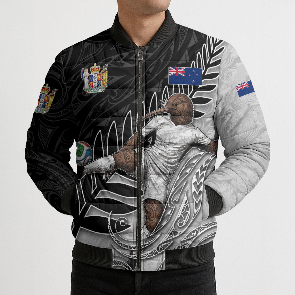 Personalized New Zealand Football Bomber Puffer Jacket Kiwi Mascot with Silver Fern - Maori Tribal Tattoo Art TS04 - Polynesian Pride
