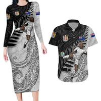 Personalized New Zealand Football Couples Matching Long Sleeve Bodycon Dress and Hawaiian Shirt Kiwi Mascot with Silver Fern - Maori Tribal Tattoo Art TS04 Black White - Polynesian Pride