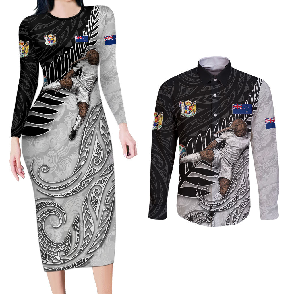 Personalized New Zealand Football Couples Matching Long Sleeve Bodycon Dress and Long Sleeve Button Shirt Kiwi Mascot with Silver Fern - Maori Tribal Tattoo Art TS04 Black White - Polynesian Pride
